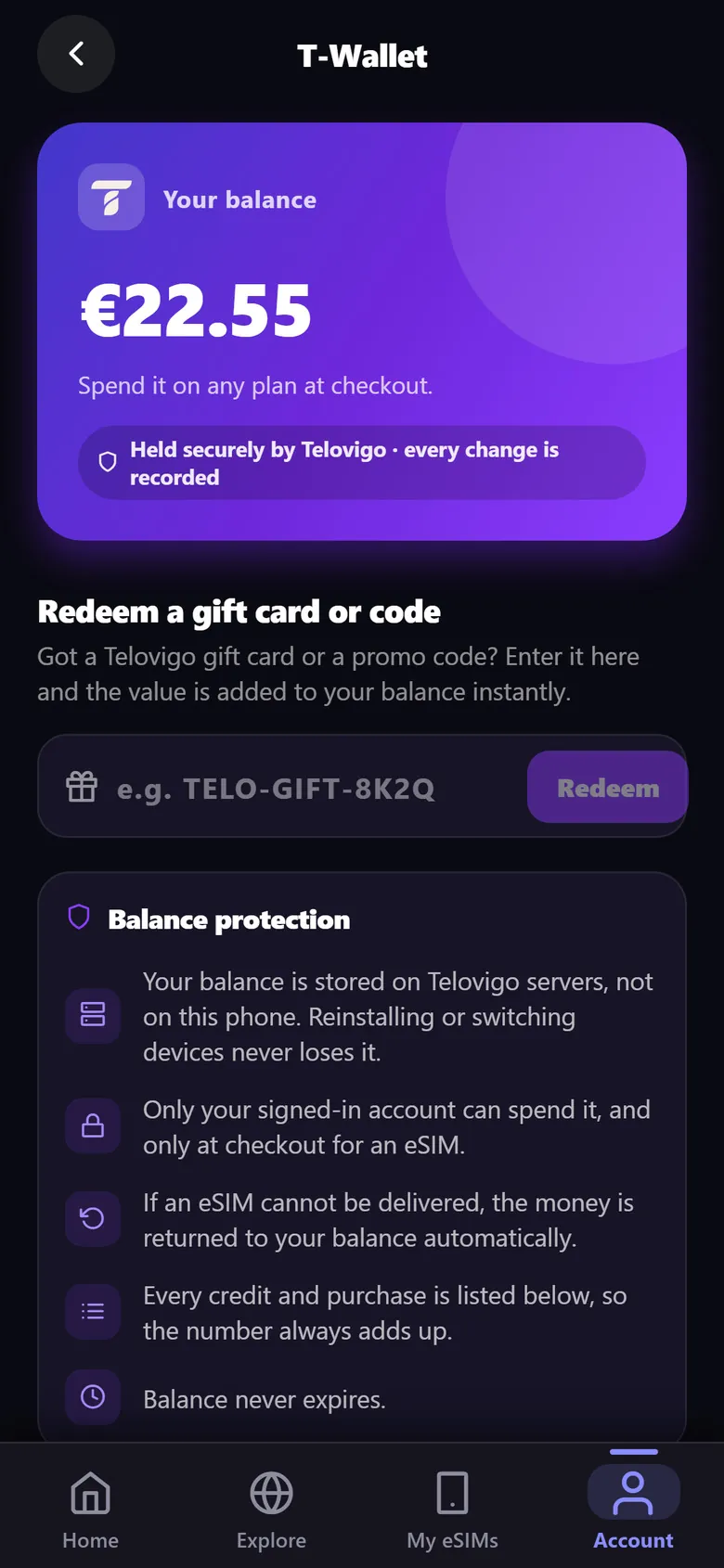 Telovigo app: T-Wallet balance